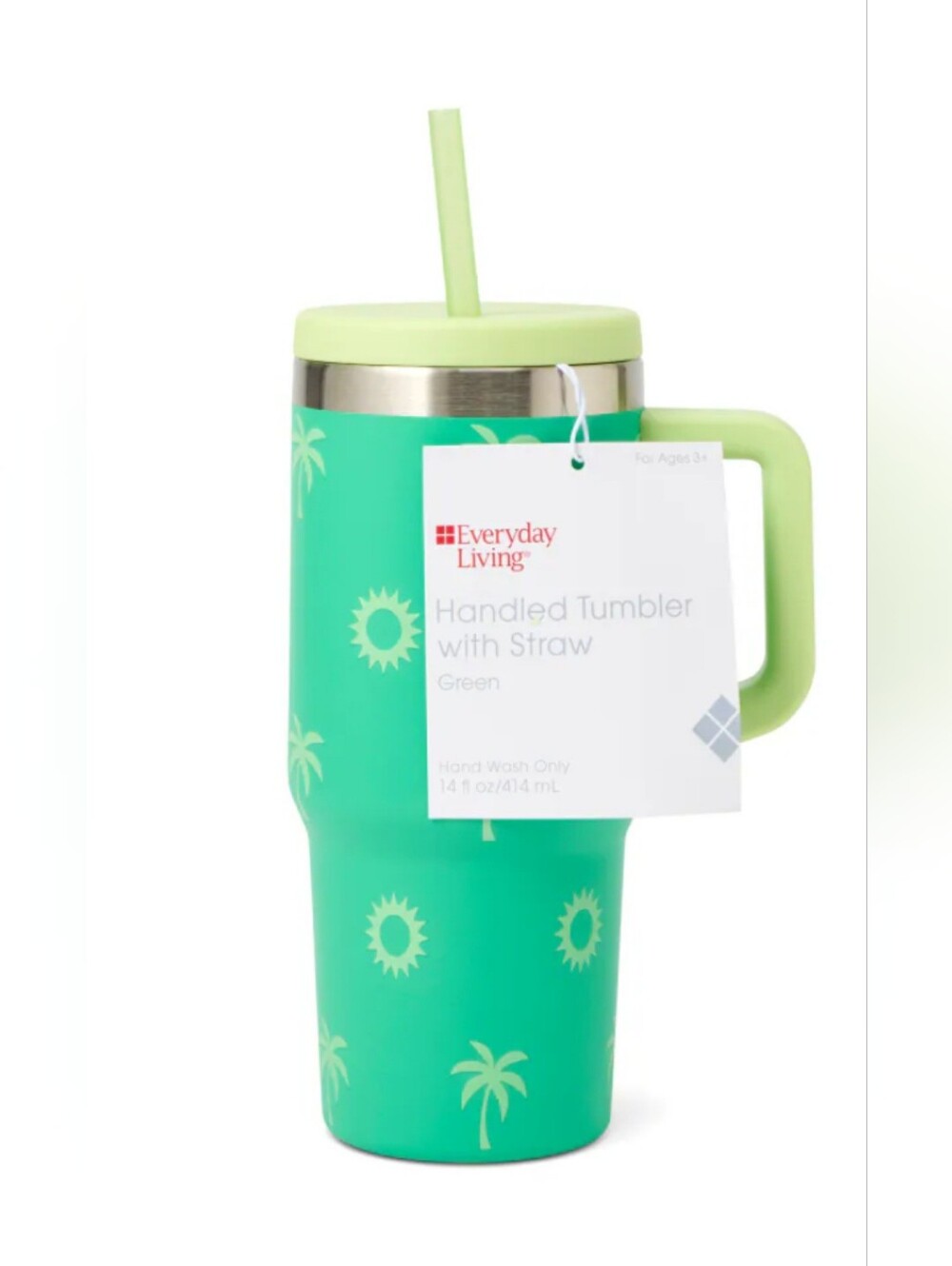 New Everyday Living 14 fl oz Handled Tumbler with Straw & Lid Green w/ palm tree